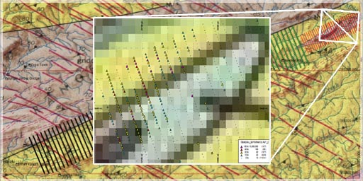Close up of soil assay results and strong anomaly on first 6 km zone cut on 200 meter spacing sampled every 50m / Kanyala